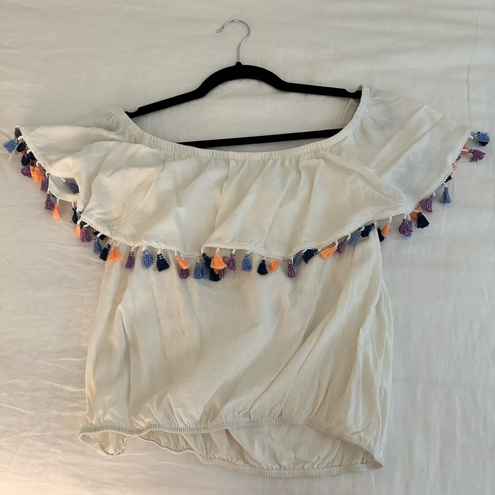 White off the shoulder tassel crop top